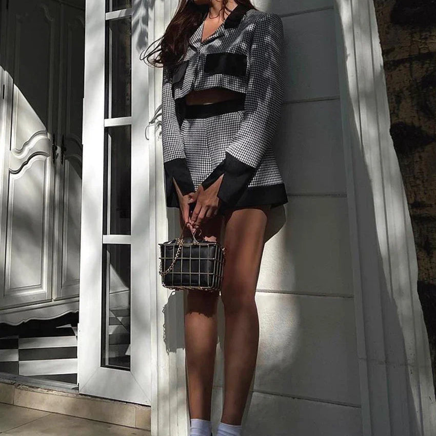 Clacive Fashion Slim Patchwork 2 Piece Sets Women Outfit 2023 Elegant Long Sleeve Crop Top With High Waist Shorts Set Streetwear