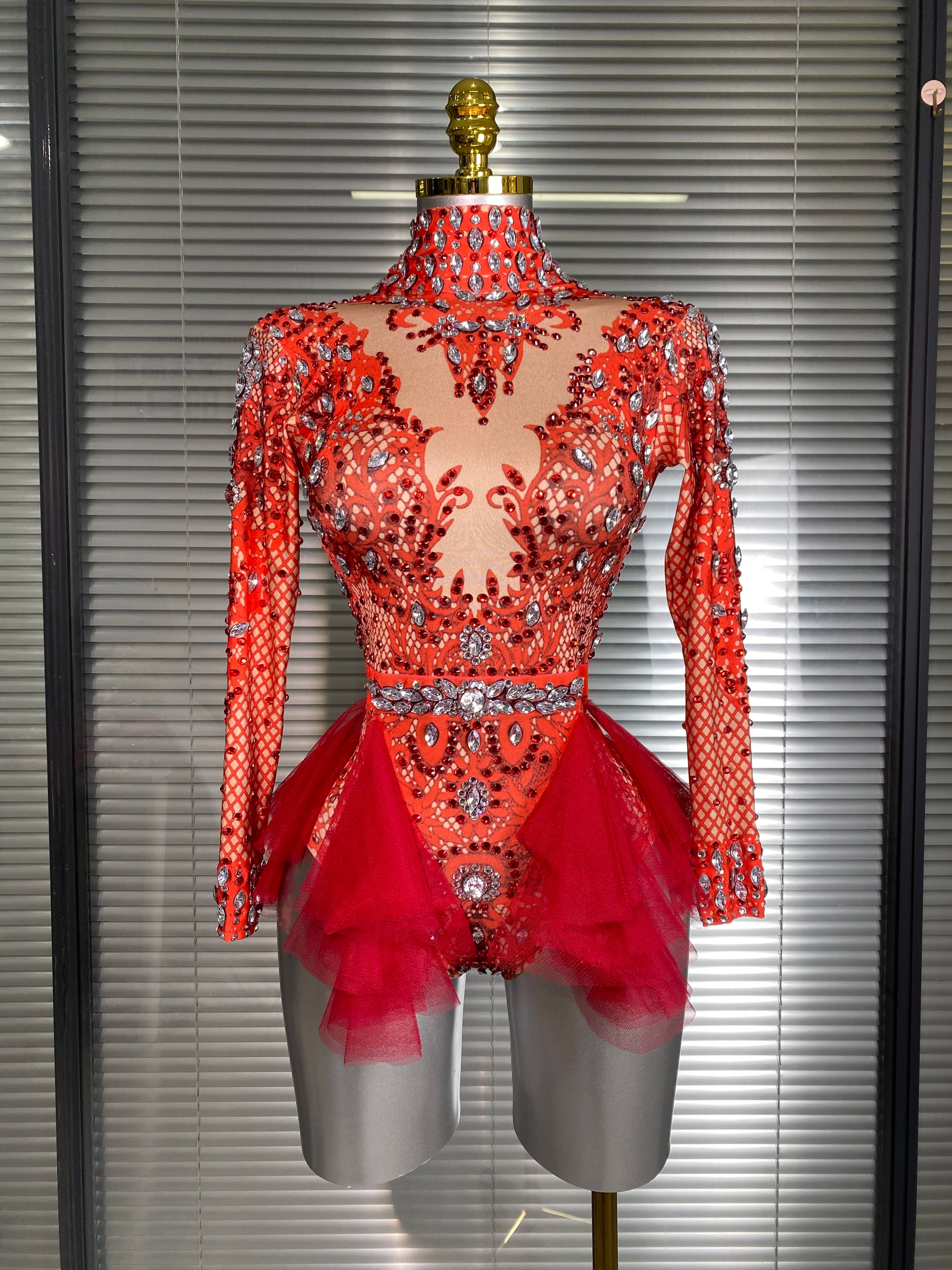 Summer New Women Sexy Skin Red Pink Crystal Stretchy Night Club Singer Dancer Tassel Dancer Stage Costume Party Bodysuit