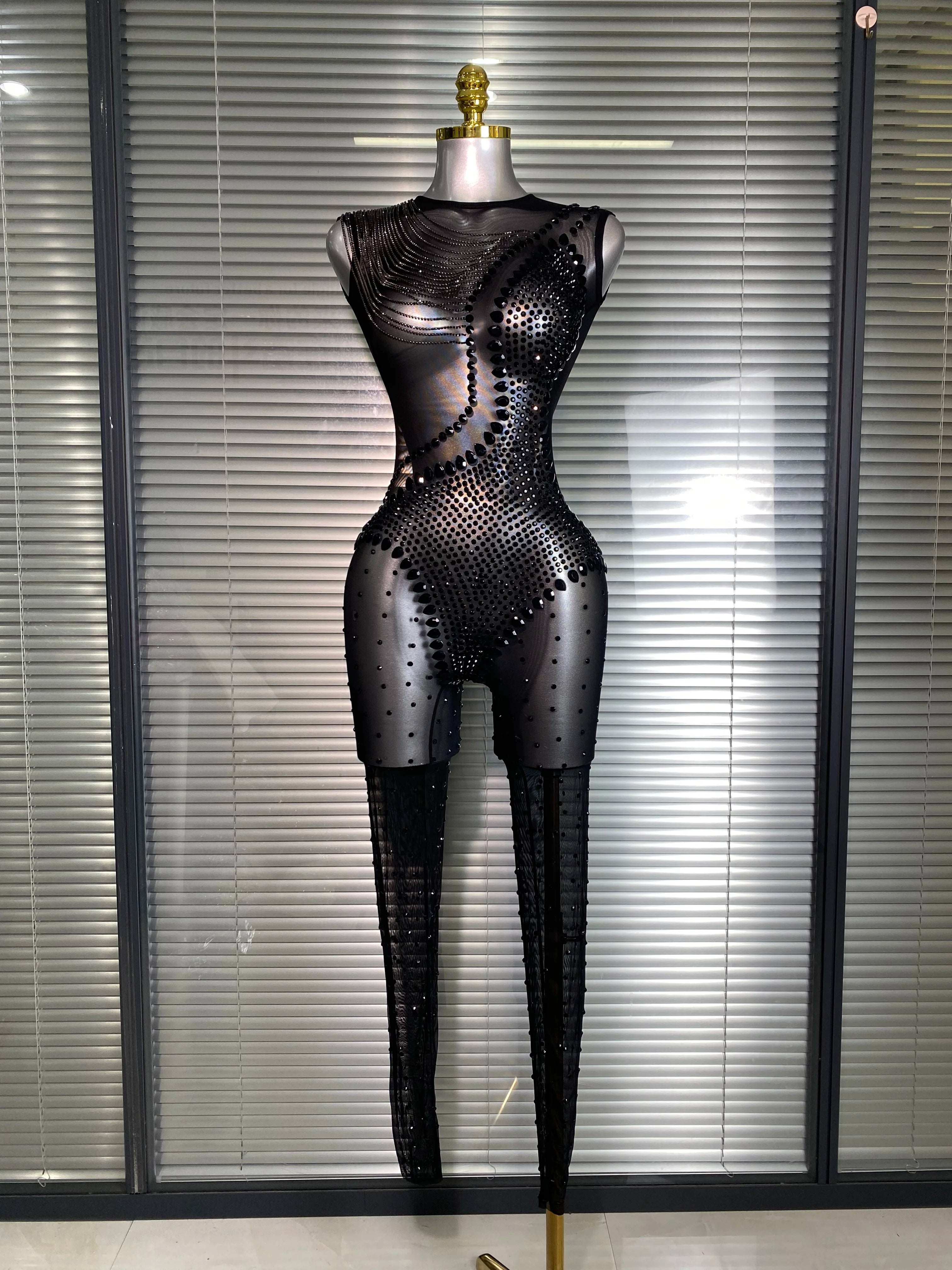 Summer New 2025 Women Sexy Crystal Sheer Black Bodycon Jumpsuit Celebrity Designer Dancer Celebrity Night Club Rompers