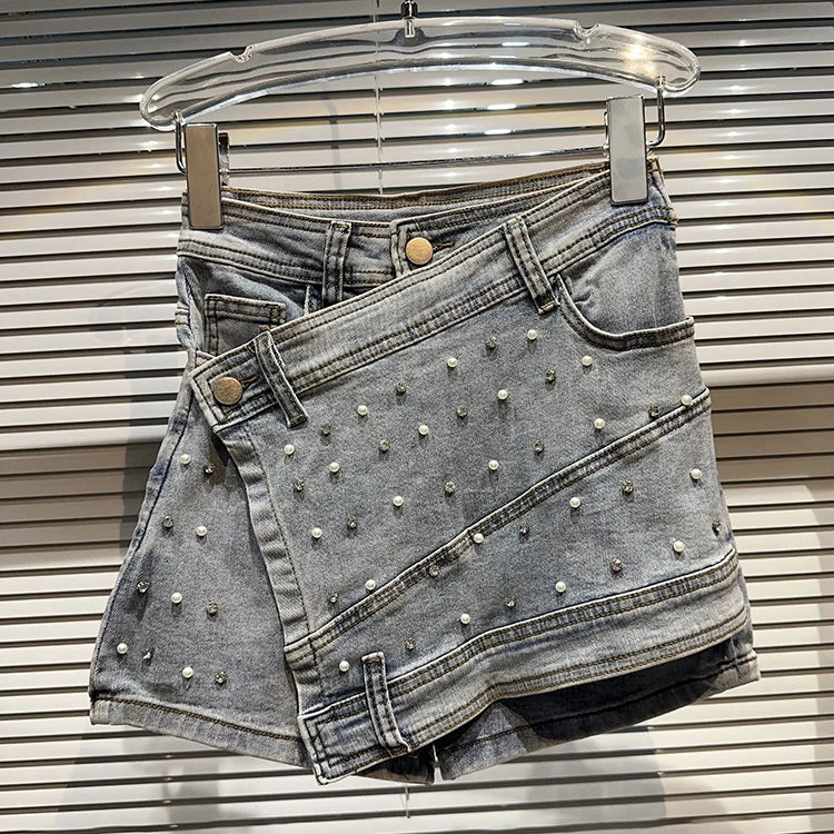 Fashion Women's Denim Skirt New High Waist Irregular Chain Spliced Gray Above Knee Skirts Female Tide Summer