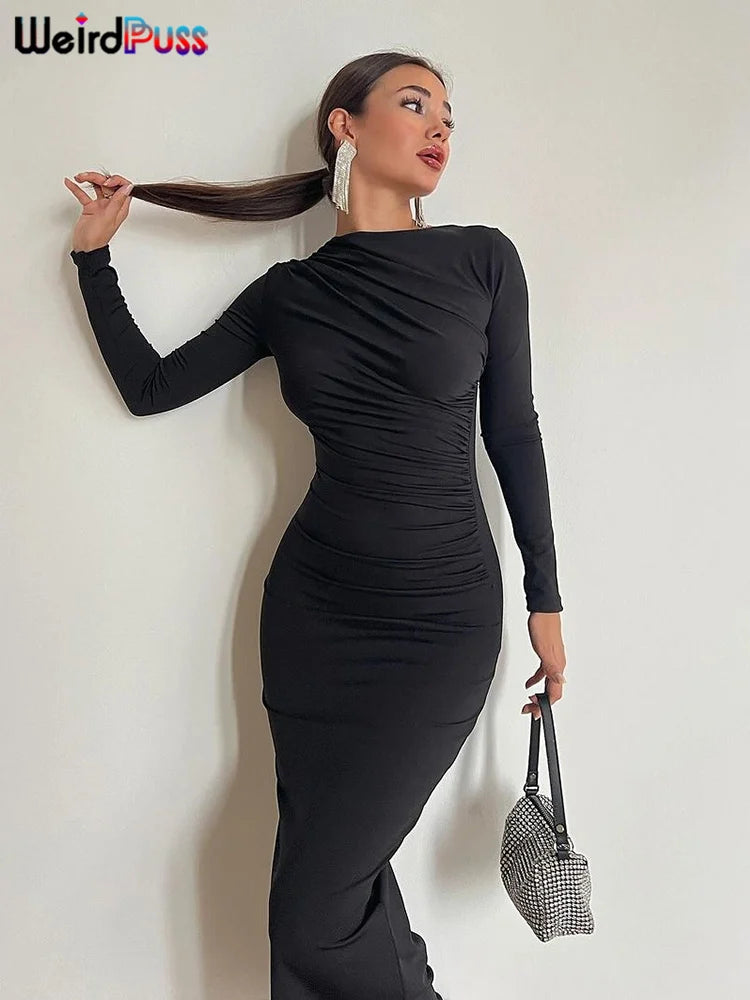 Weird Puss Elegant Temperament Women Maxi Dress Full Sleeve O Neck Zipper Solid Autumn Fashion Bodycon Evening Party Vestidos black
