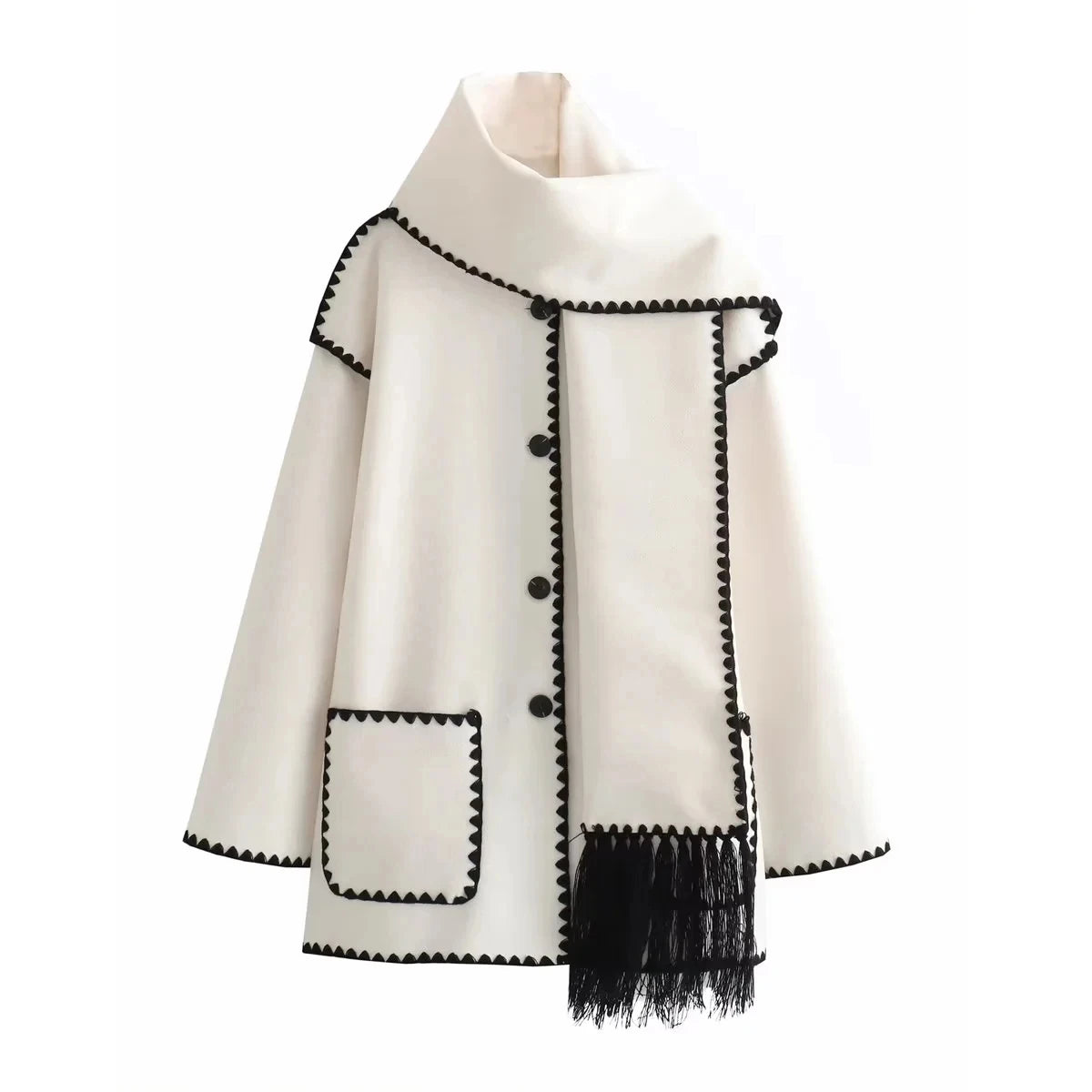 TRAFZA 2023 Autumn Fashion Woman Black Crochet Scarf Coat O Neck Long Sleeve Button Straight Casual Vintage Female Cozy Coats beige