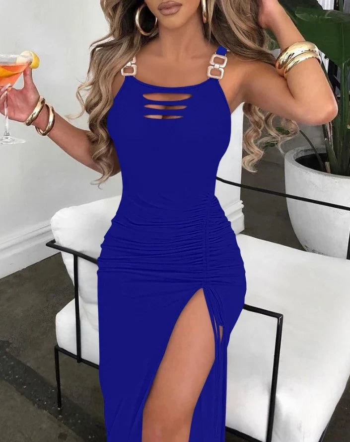 Sexy Women's Dress New Ladder Cutout Slit Buckled Bodycon Dress Solid Color Slim Fit Sleeveless Drawstring Pleated Dress D