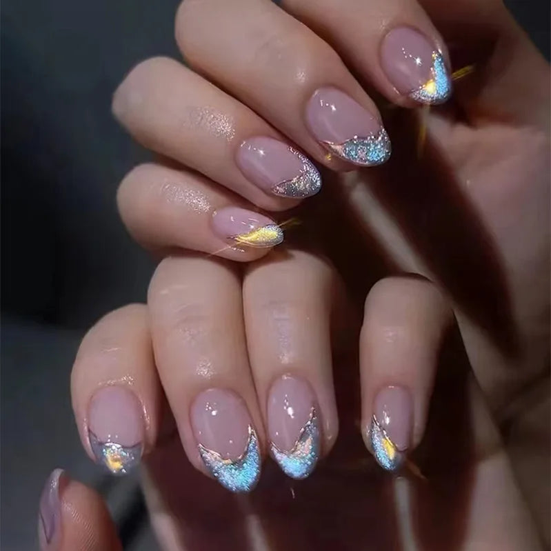 24Pcs Nude Pink Press on Fake Nails with Flower Design Short Almond French False Nails Golden Stripes Manicure Wearable Nail Tip