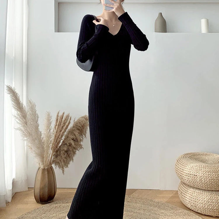 Zoki Elegant Solid Women Knitted Dress Simple Korean Slim Long Sleeve Ankle Length Dress Casual V Neck Office Ladies Chic Dress Black