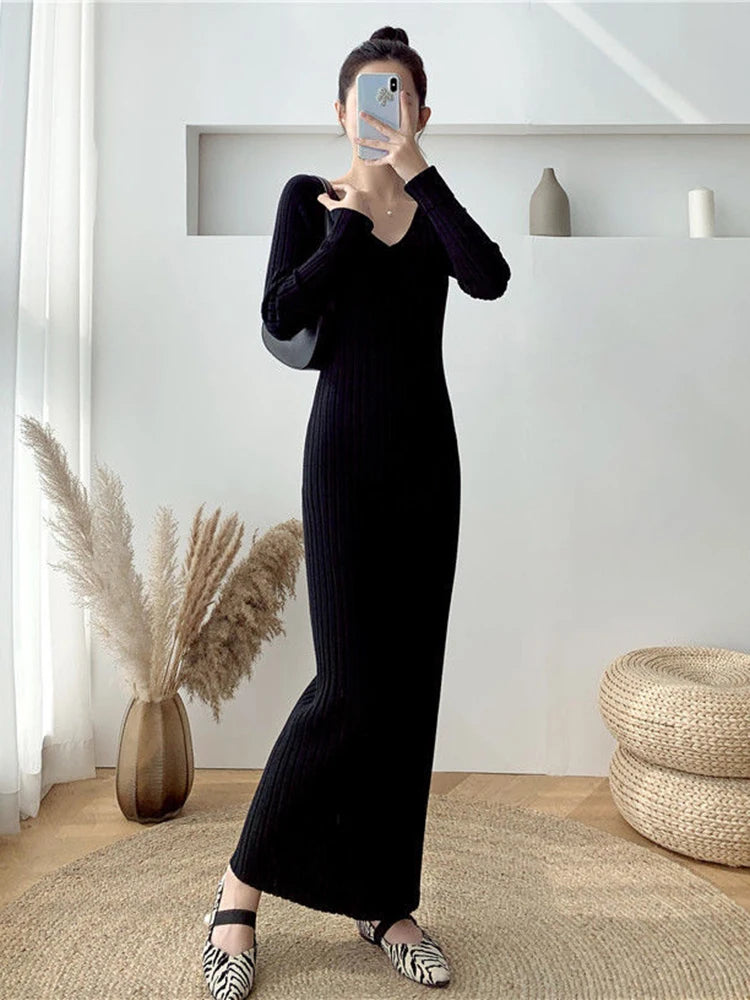 Zoki Elegant Solid Women Knitted Dress Simple Korean Slim Long Sleeve Ankle Length Dress Casual V Neck Office Ladies Chic Dress Black