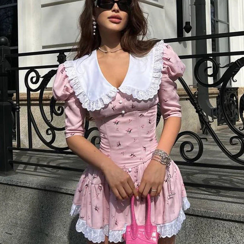 Clacive Summer Slim Print Women'S Dress Bodycon Doll Collar Short Sleeve Mini Dresses Elegant Lace Patchwork Female Dress