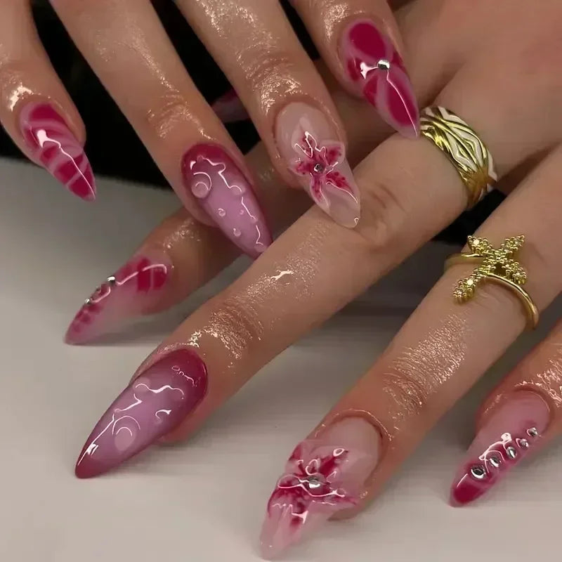 24pcs Short Almond Press on Nails 3D Flower Butterfly Fake Nails with Glue Colorful Natural Acrylic False Nails Full Cover Nails