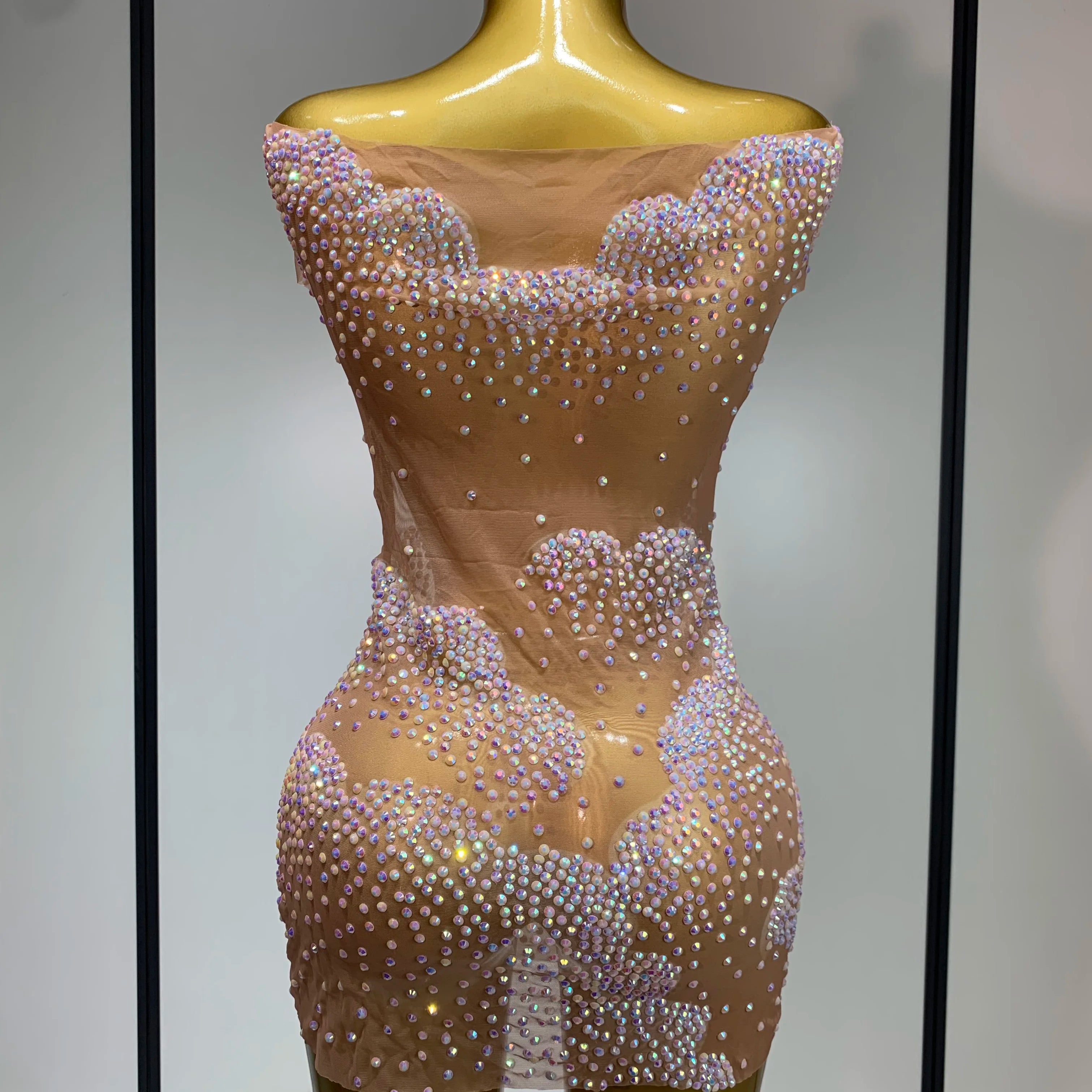 Women Sexy Mesh See Through Mini Dress Celebrate Birthday Evening Party Dress Luxury Rhinestones Stage Performance  Costume