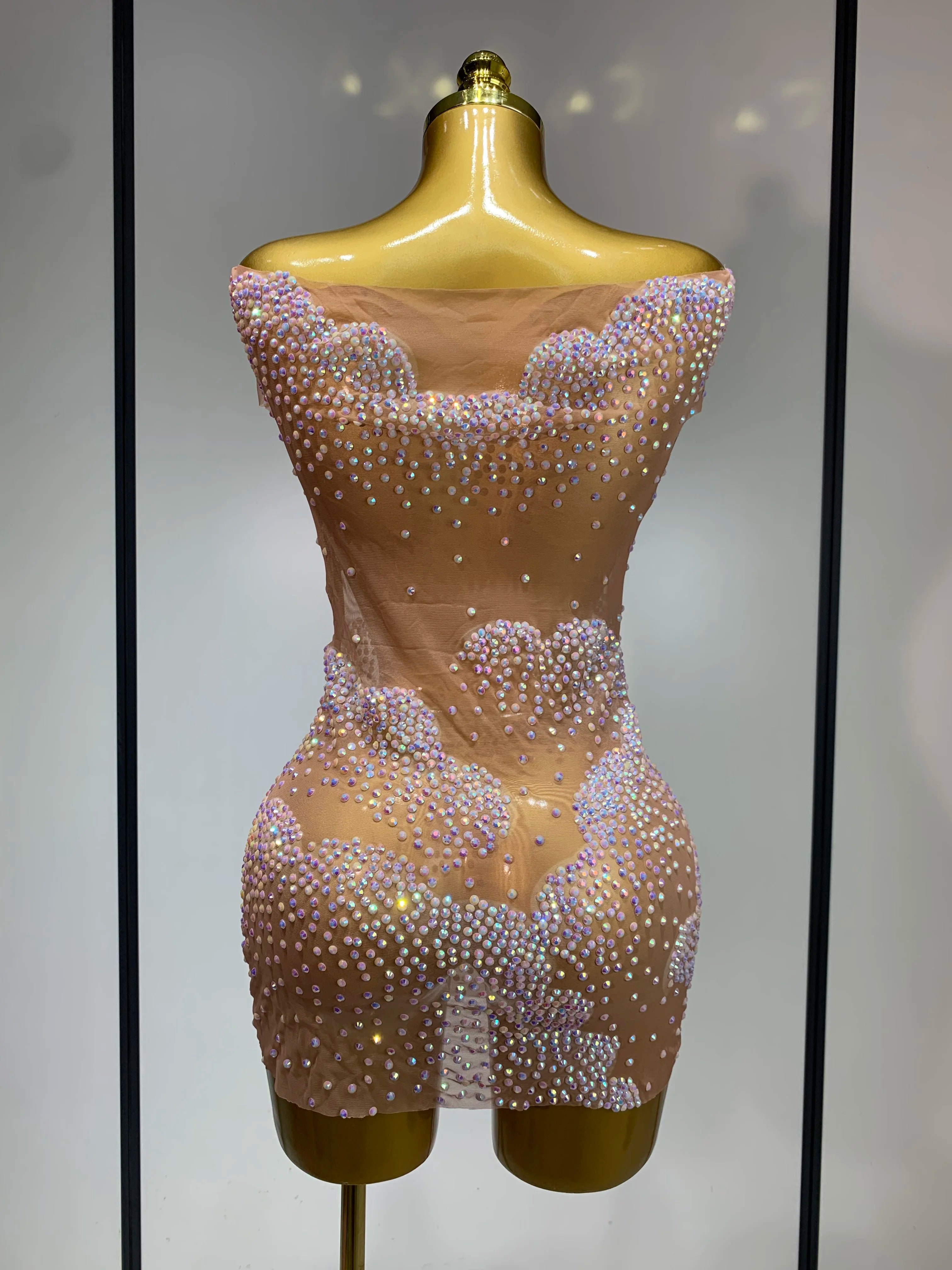 Women Sexy Mesh See Through Mini Dress Celebrate Birthday Evening Party Dress Luxury Rhinestones Stage Performance  Costume