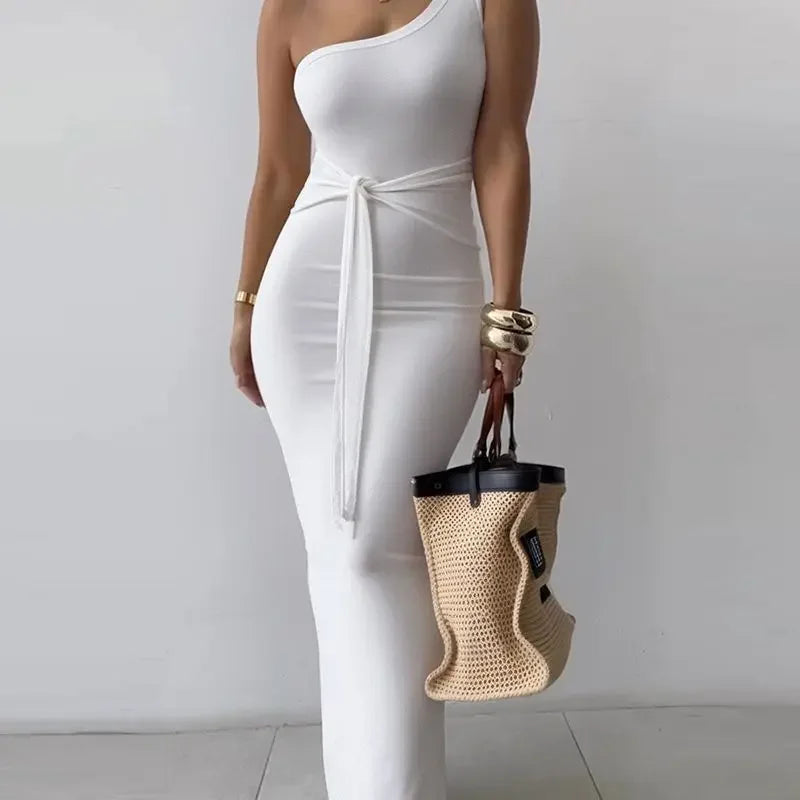 CM.YAYA Summer Women Sleeveless Strap O-neck Sexy 2024 Summer Long Evening Dress Knit Ribbon Night Club Party Maxi Dresses