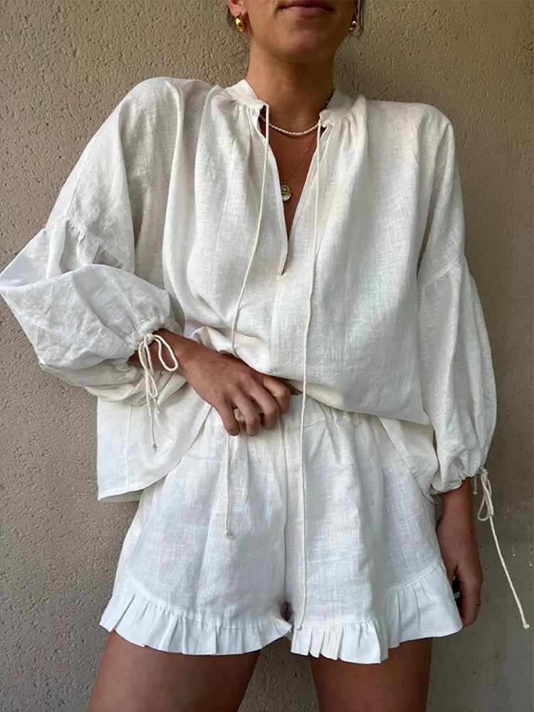 fashion summer cotton linen loose ruffle shorts suits women long sleeve drawstring pullover 2 pieces set casual beach suits White 1