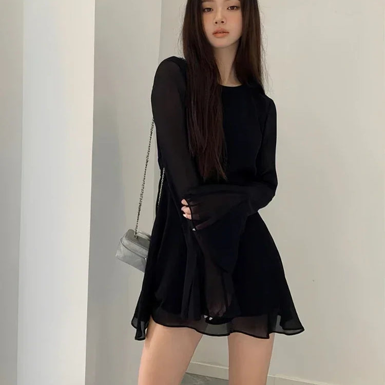 HOUZHOU Backless Black Dress Women Elegant Back Hollow Out Lace-up Long Sleeve Mesh Patchwork Sexy Slim Ruffle Mini Dress Party