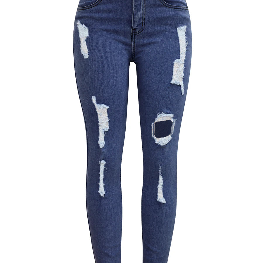 High Stretch Y2K Jeans Mid-Waist Fashion Hollow Out Classic Simple Stylish Distressed Ripped Raw Edges Hem Women Pants DEEP BLUE