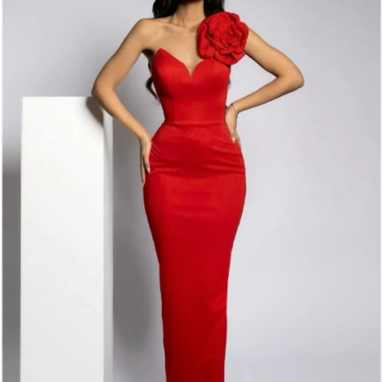 Summer Women Sexy Rhinestones Florals One Shoulder Sexy Bodycon Long Dress Birthday Fashion Cocktail Party Dress