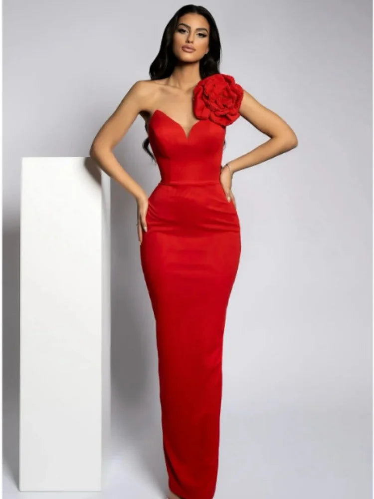 Summer Women Sexy Rhinestones Florals One Shoulder Sexy Bodycon Long Dress Birthday Fashion Cocktail Party Dress