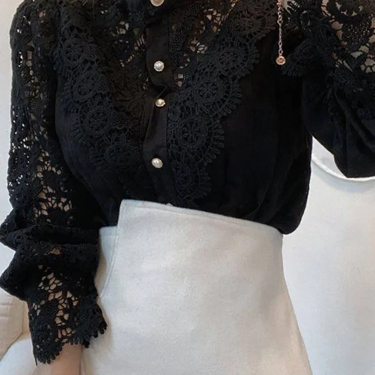 Women Chiffon Button Turtleneck Shirt Chic Elegant Floral Lace Fluffy Long Sleeve Top Fashion Hollow Oversize White Blouse 2024