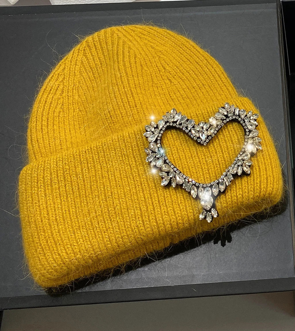 Luxury Heart Rhinestone Winter Beanies Women Solid Color Real Rabbit Fur Knitted Hat Lady Fashion Warm Pullover Caps Gifts yellow Adult