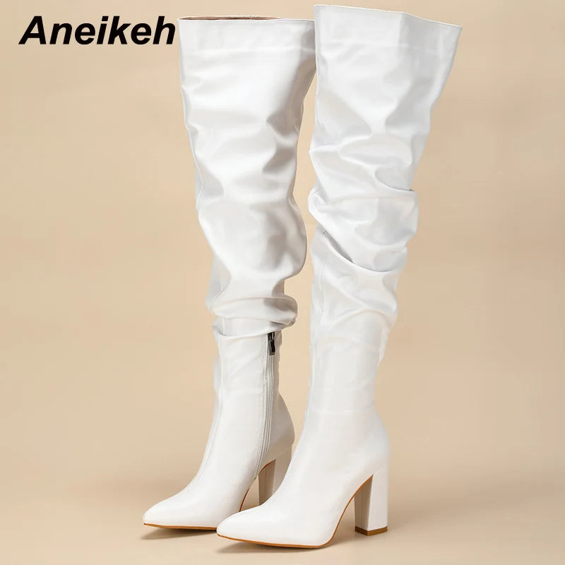 Design White Pleated Leather Over The Knee Boots Fashion Runway Thick High Heels Sexy Pointed Toe Zip Womans Shoes