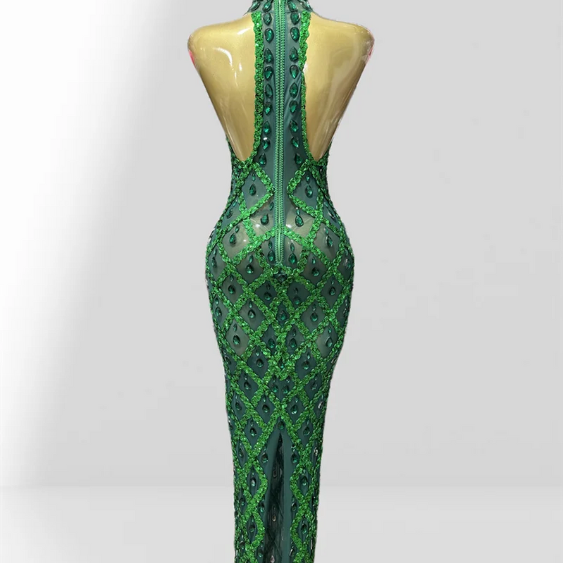 Woman Birthday Party Outfit Club Performance Costume Sparkling Diamond Green Sequins Sexy Mesh see Through Ankle Length Dress