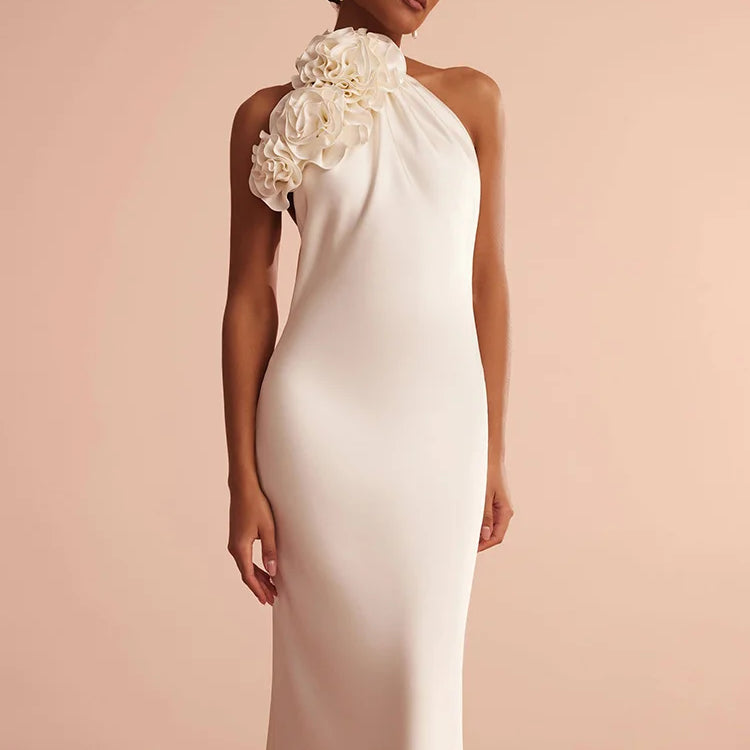 VC White Satin Halter Backless Long Dress For Women Sleeveless Flowers Embellished Slim Prom Elegant Evening Party Gowns