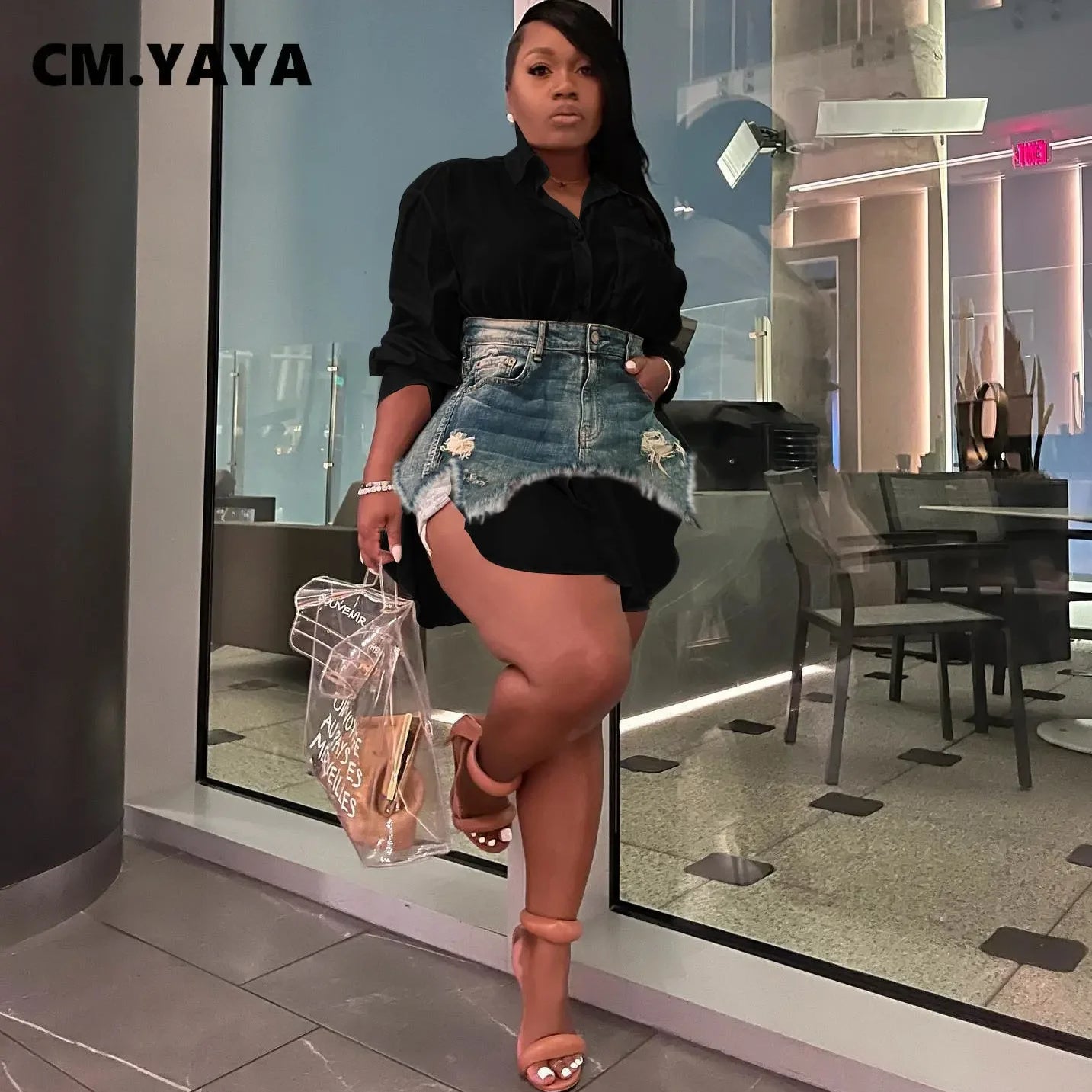 CM.YAYA Vintage Women Long Sleeve Turn-down Collar Shirt Blouse Style Dress with Denim Jean Irregular Mini Skirt Two 2 Piece Set