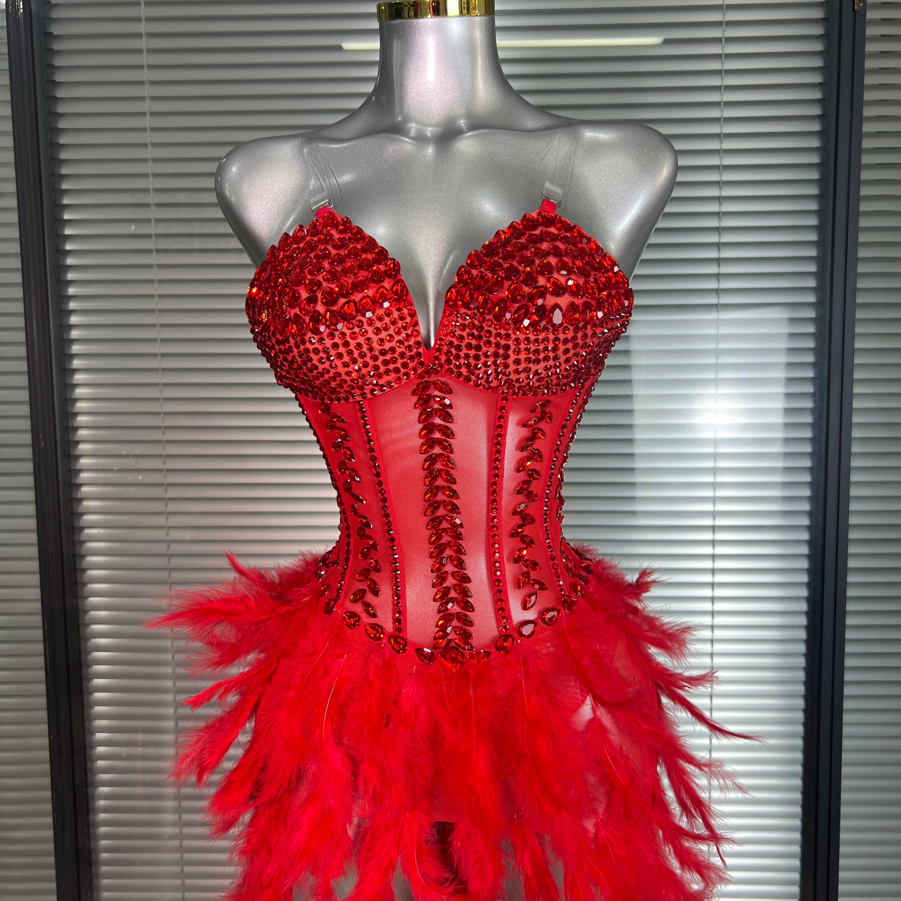 Women Sexy Mesh Feathers Stage Costume Stage Red Stretchy Night Club Bodysuit Party Maxi Dress