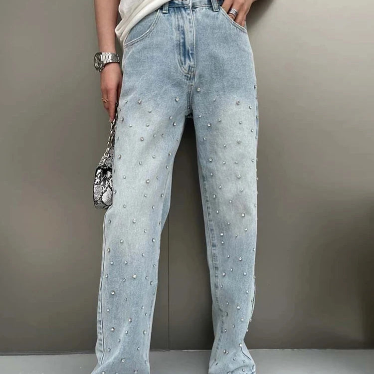 TWOTWINSTYLE Spliced Diamonds Jeans For Women High Waist Casual Loose Temperament Autumn Jean Female Fashion Style Clothing New