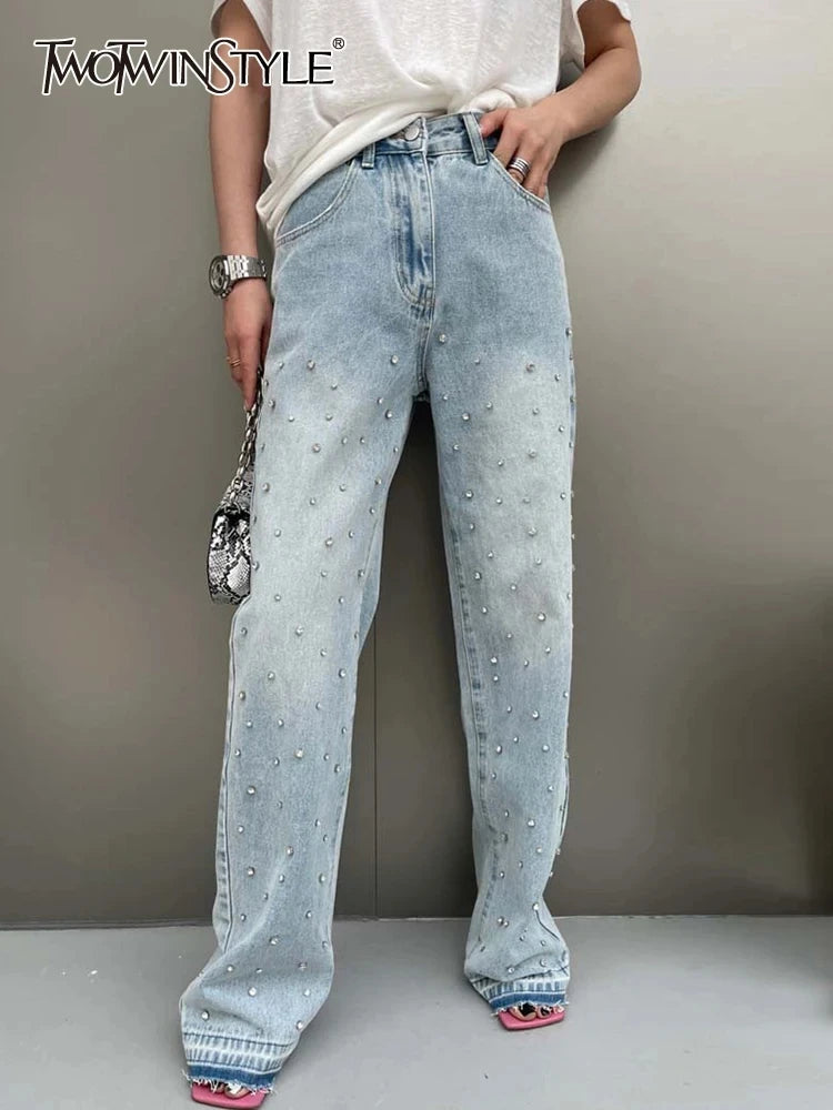 TWOTWINSTYLE Spliced Diamonds Jeans For Women High Waist Casual Loose Temperament Autumn Jean Female Fashion Style Clothing New