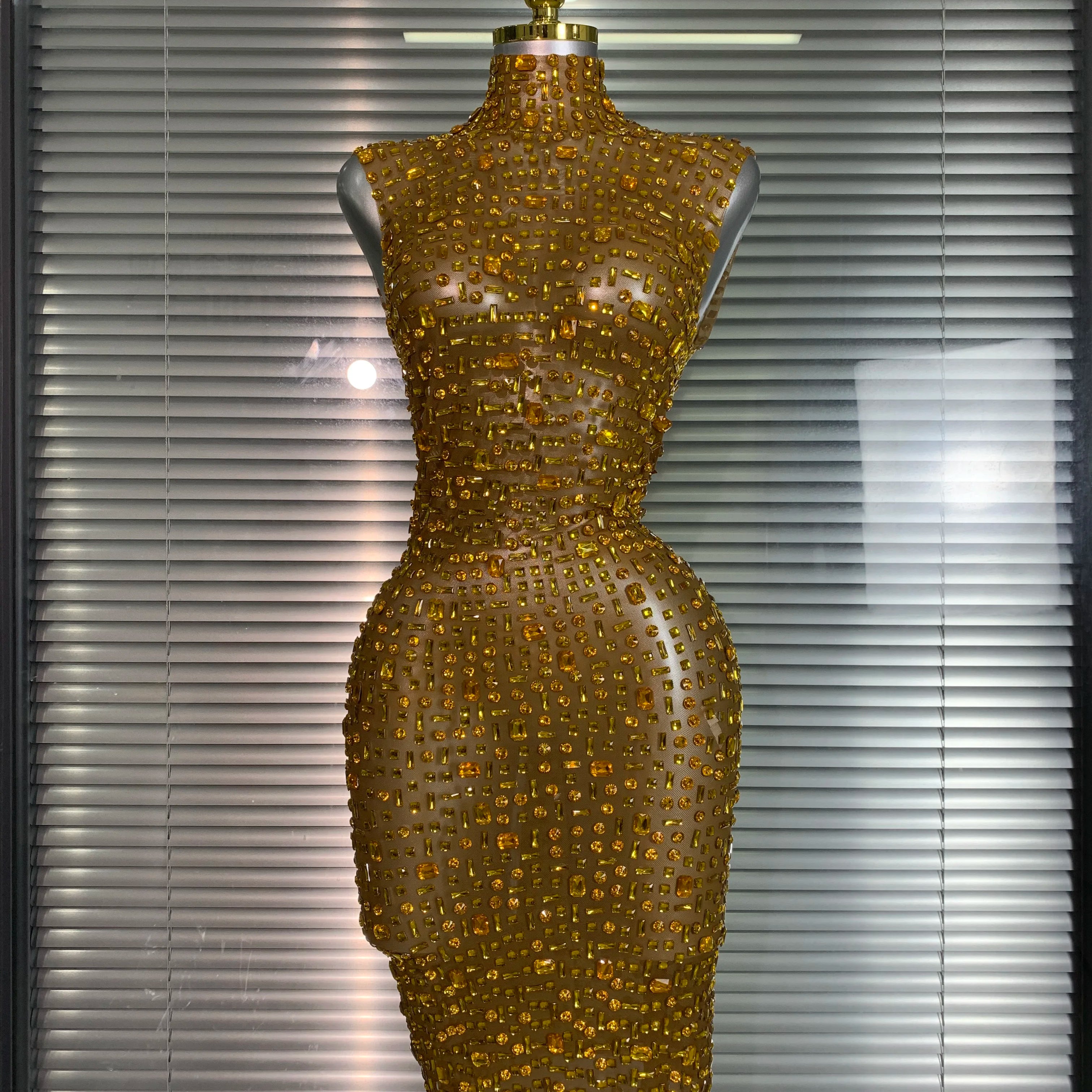 Women Sexy Mesh Crystal Diamonds Mini Performance Costume Stage Dancer See Through Stretchy Gold Night Club Party Dress