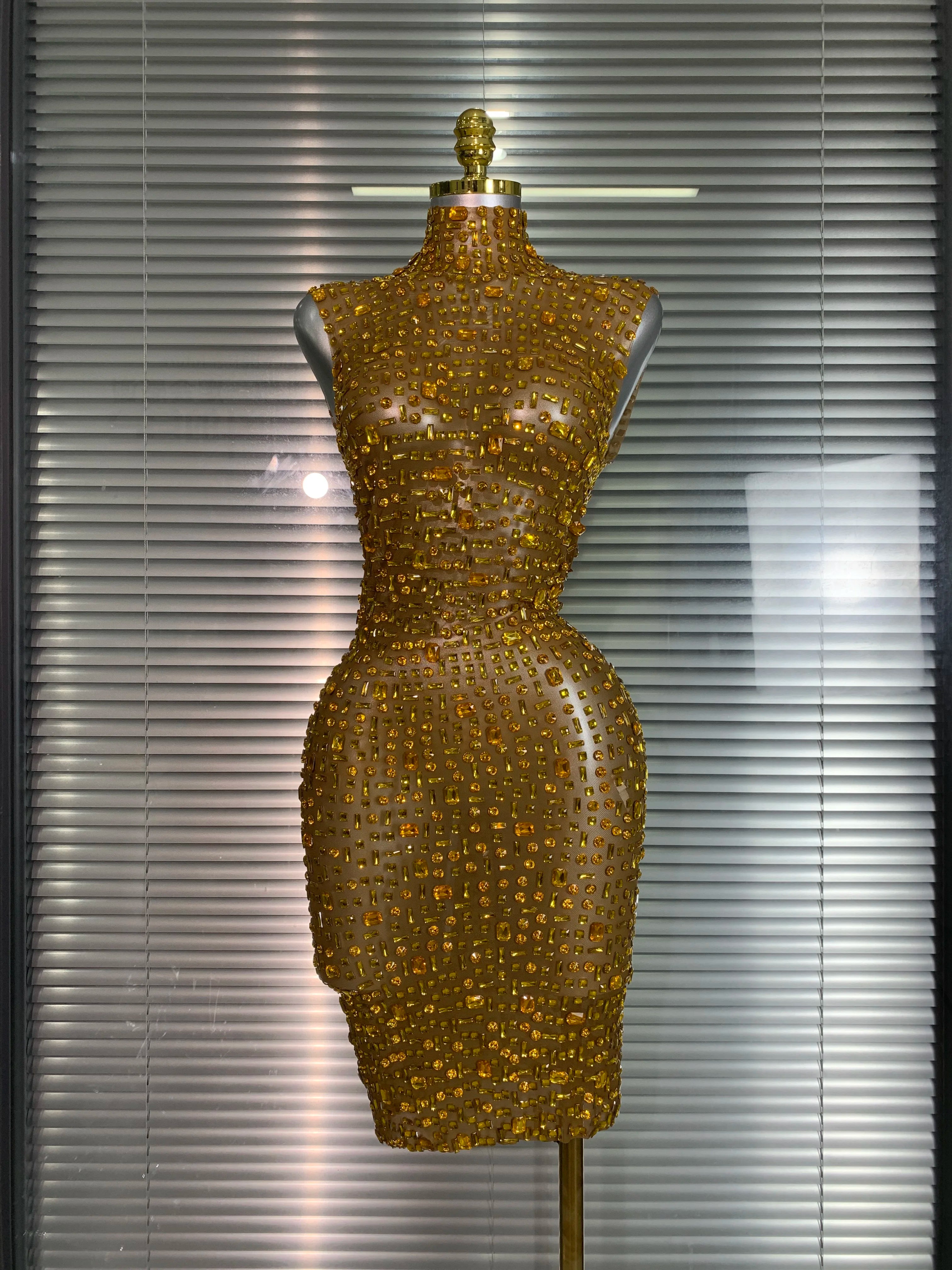 Women Sexy Mesh Crystal Diamonds Mini Performance Costume Stage Dancer See Through Stretchy Gold Night Club Party Dress