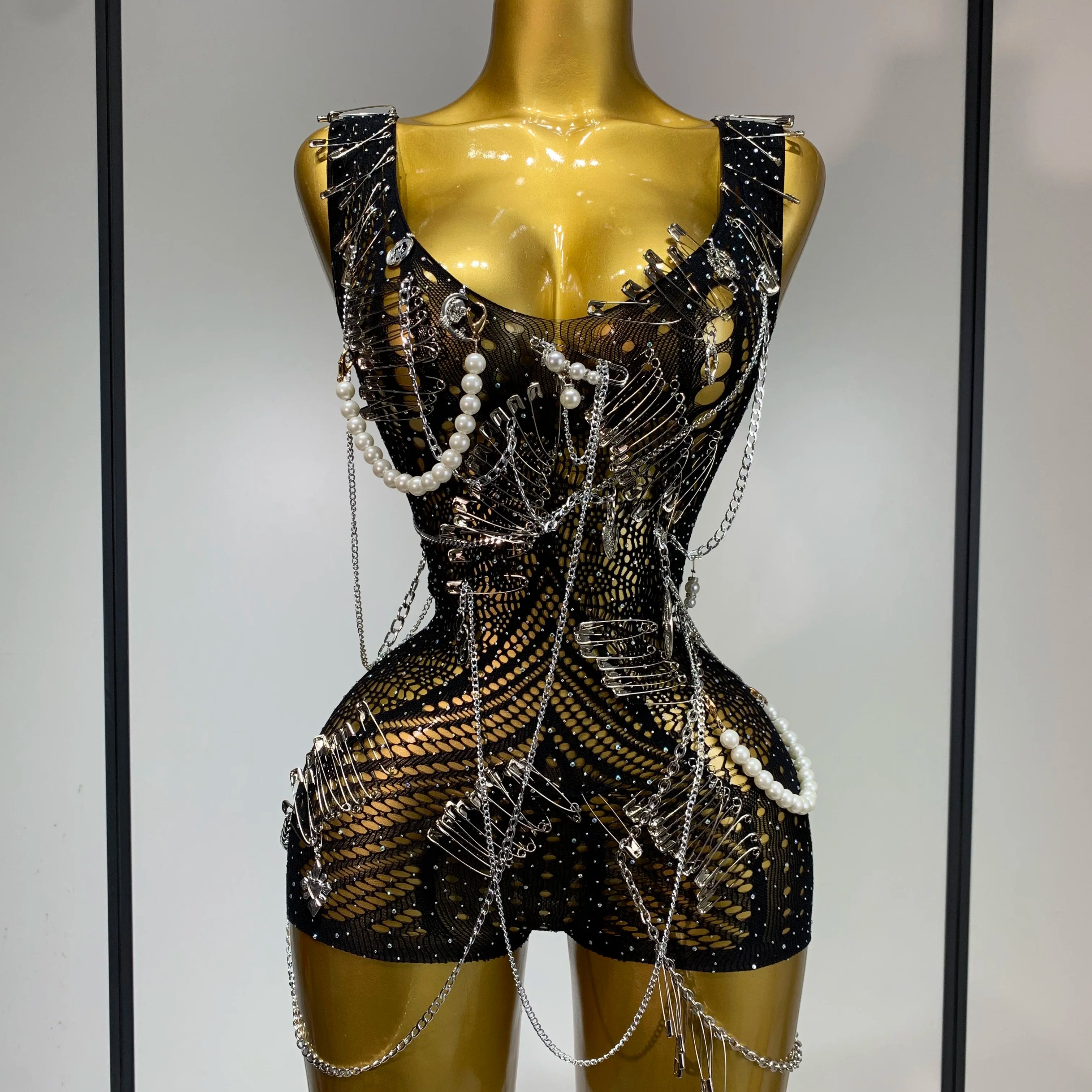 Women Pin Sparkly Crystal Cut Out Sexy Stretch Bodysuit Women Nightclub DJ Clothing Stage Singer Dancer Performance Costume