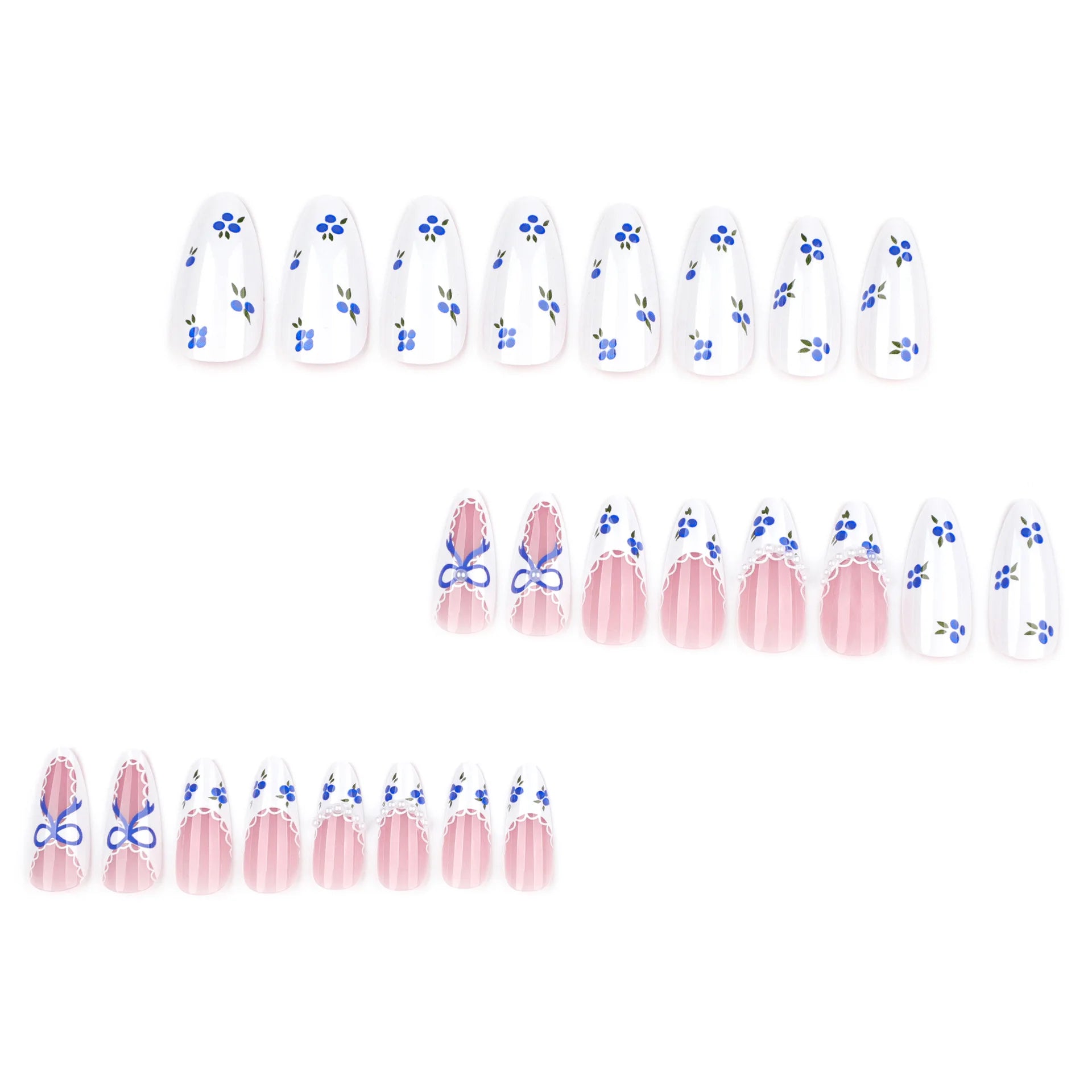 24pcs Glossy White Almond Fake Nails Blueberry Print Blue Bowknots French Style Press On Nails Pearl Decor Spring False Nail