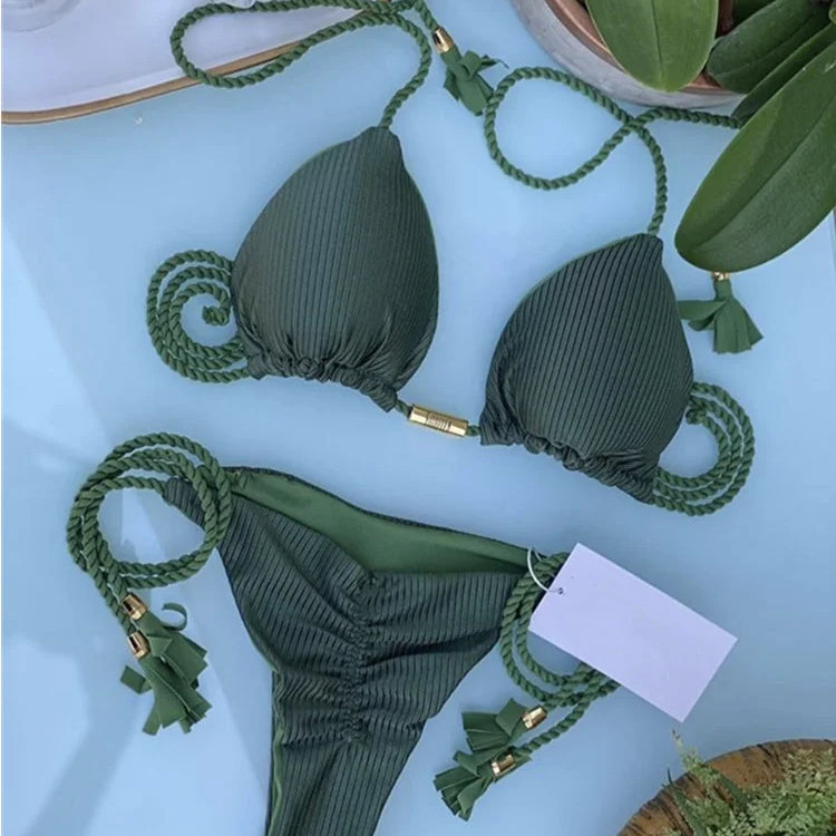 New Women Bikini Backless Rope Triangle Swimsuit Multicolor 8251