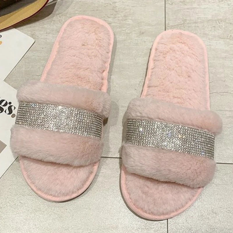 Winter Luxury Rhinestone Women Warm Fur Slippers Cozy Fluffy Furry Slides Crystal Flat Indoor Design Home Shoes Ladies 43 Pink