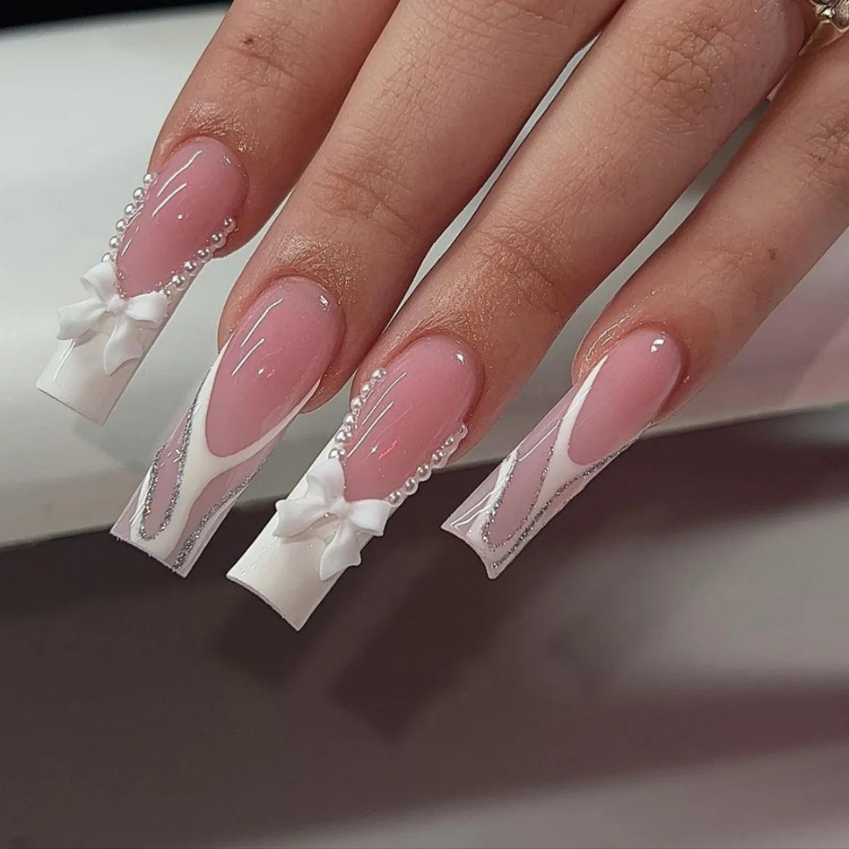 24Pcs French False Nails Pink Zebra Pattern Press on Nails Medium Square Coffin False Nails Y2k Artificial Full Cover Nail Tips