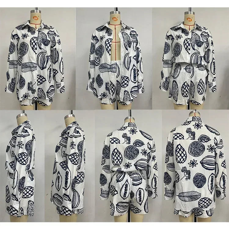 Foridol Fruit Printed Pockets Casual Shirt+shorts Set Outfits Matching Set Summer Women Spring Beach Oversize White Set