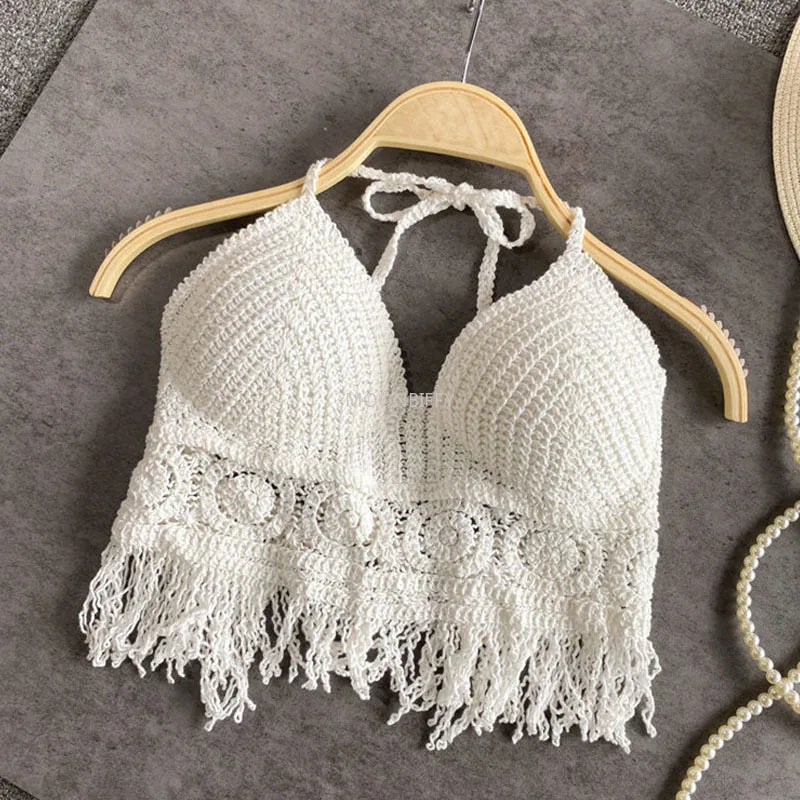 Retro Tops Wild Hollow Perspective Tassel Sexy Spaghetti Strap Women Built In Bra Back Lace Halter Neck y2k clothes corset top