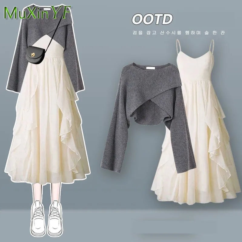 Women's Fashion Dress Matching Set Autumn Winter New Chic Knitted Sweater Sling Skirt Two Piece Korean Elegant Clothes Suit