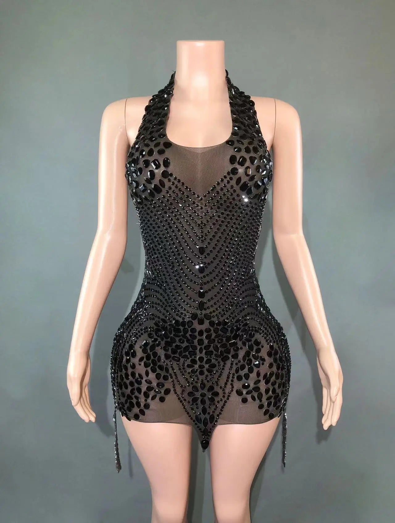 Sparkly Rhinestones Evening Prom Celebrate Birthday Dress Sexy Halter Backless Mesh Velvet Short Dress Performance Stage Wear