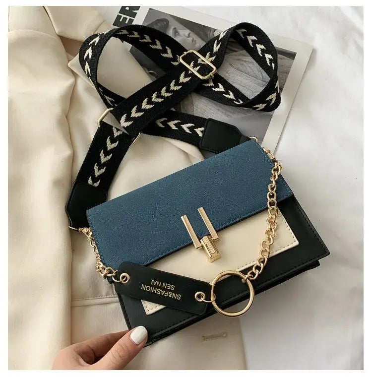 PU Small Bag Women's Wide Shoulder Strap Chain One-Shoulder Crossbody Bag Blue