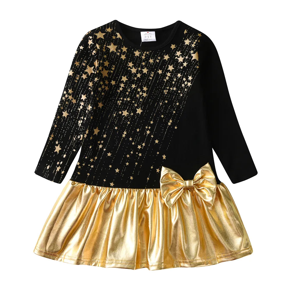 DXTON 2024 Christmas Girls Dress With Bow Star Sequin Children New Year Party Clothes Patchwork Cotton Winter Kids Baby Dresses LH7602