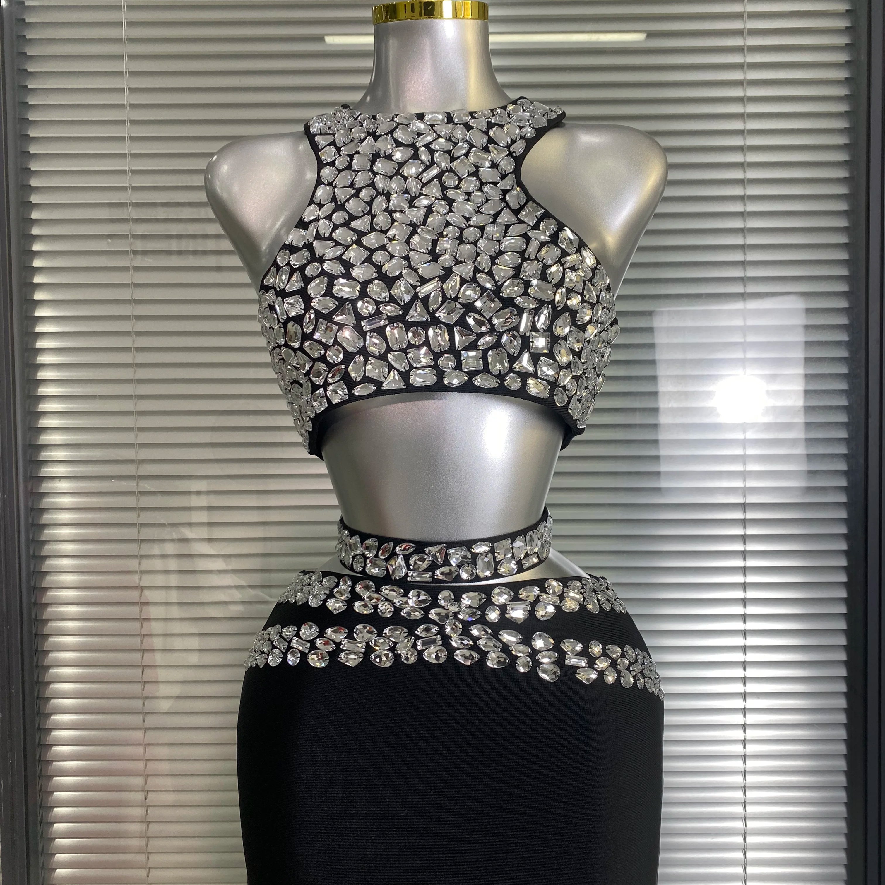 Summer New Women Sexy Sewed Crystal Diamonds Black Long Bandage Two Piece Set Celebrity Evening Party Long Skirt Suits