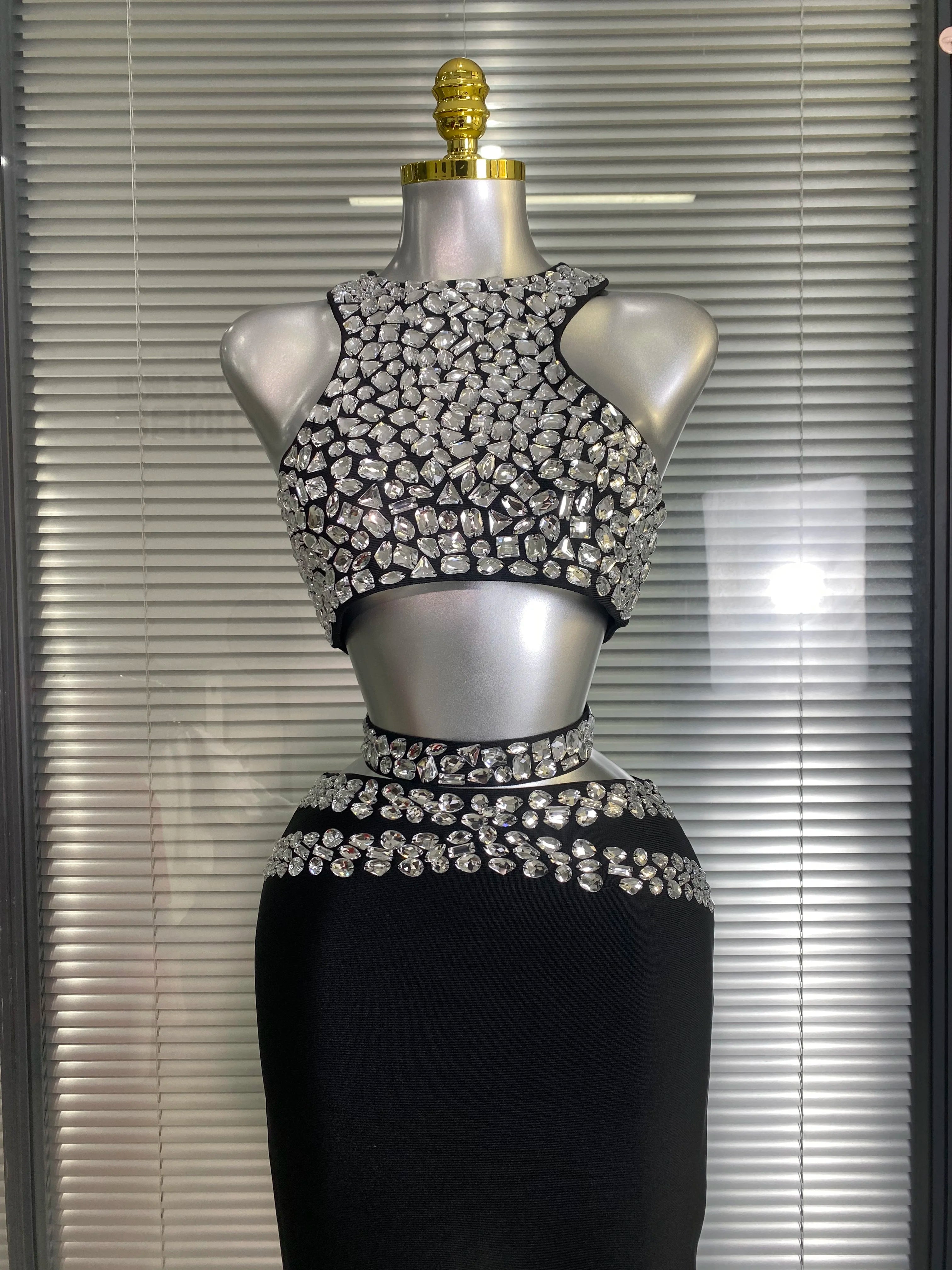 Summer New Women Sexy Sewed Crystal Diamonds Black Long Bandage Two Piece Set Celebrity Evening Party Long Skirt Suits