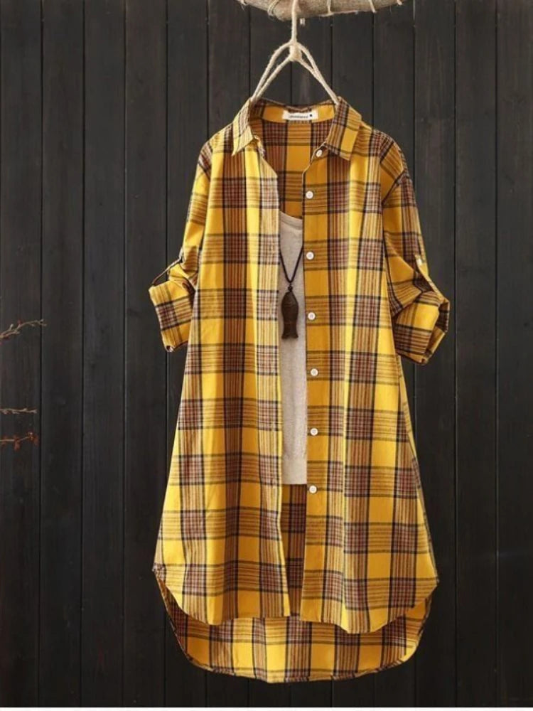 Plaid Medium Long Blouses Casual Style Loose Shirts Female Summer Beach Sunscreen Blouses Fashion Korean Style Female Blouses