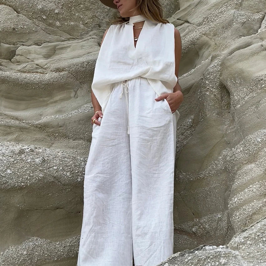 Clacive Fashion Loose White Cotton Trousers Sets For Women 2 Pieces Elegant Sleeveless Tank Top With High Waist Wide Pants Set