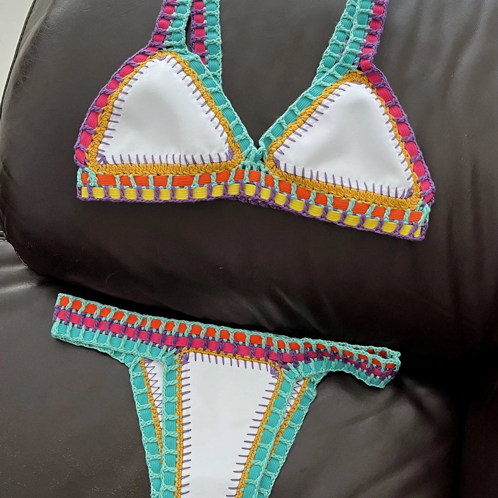 Women White Mulit Handmade Crochet Bikini Set Sexy Boho Swimwear Brazil Reversible Crochet Swimsuit Cute Bathing Suit Beachwear White as pic CN