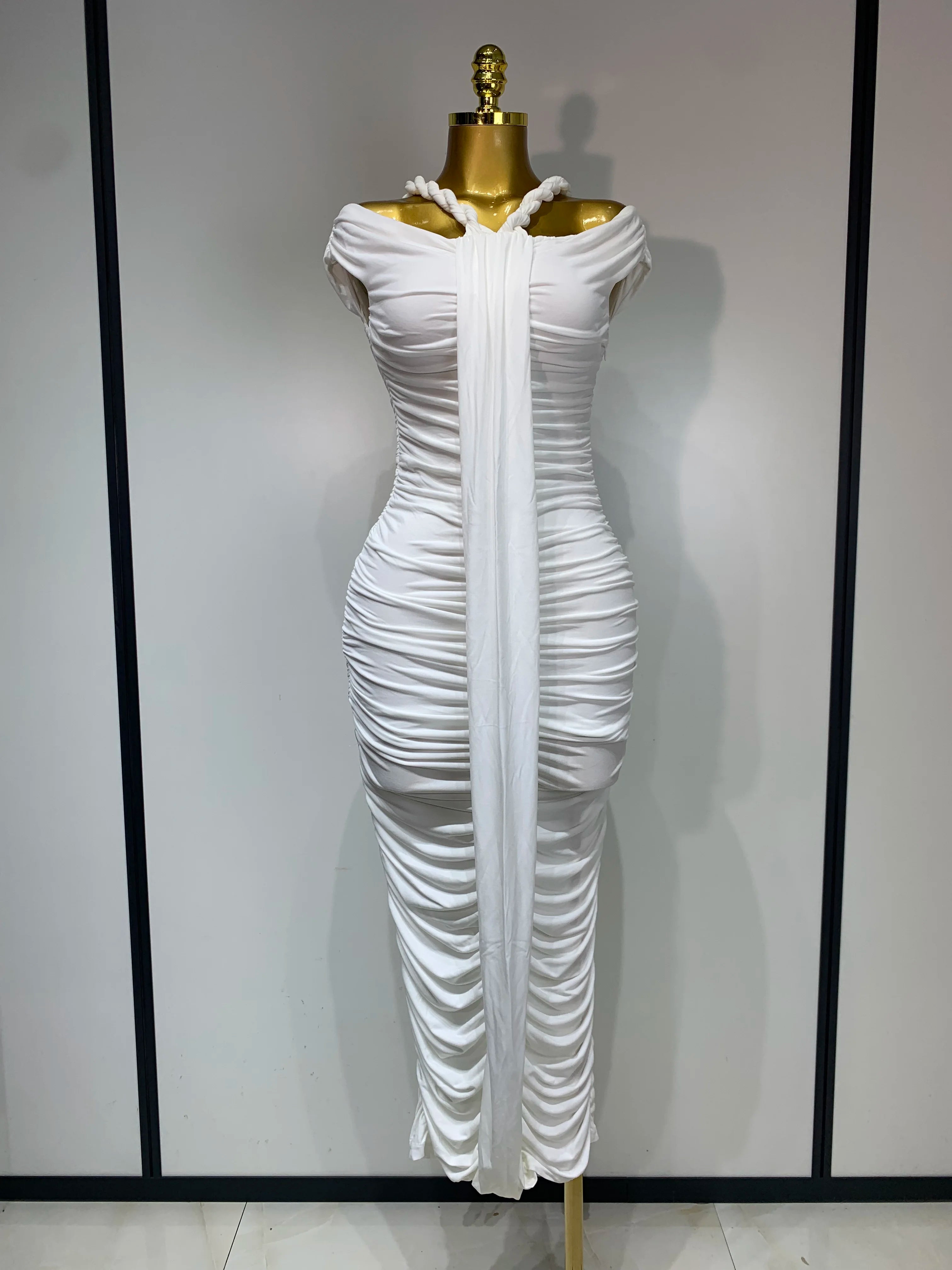2025 New Arrival White Women Sexy Off Shoulder Bodycon Mesh Long Dress Nightclub Party Evening Fashion Birthday Dress Vestido