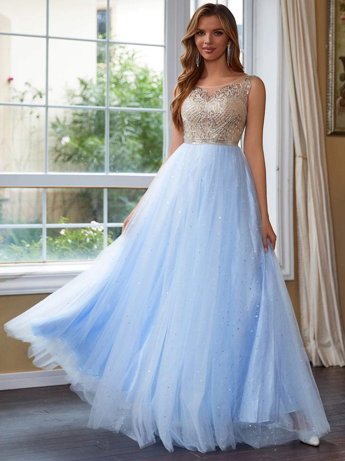 Luxury Hand Beading Crystal Prom Dresses Long Sparkly Start Tulle Ball Gown Homecoming Dresses for Teens Illusion Backless Sky Blue