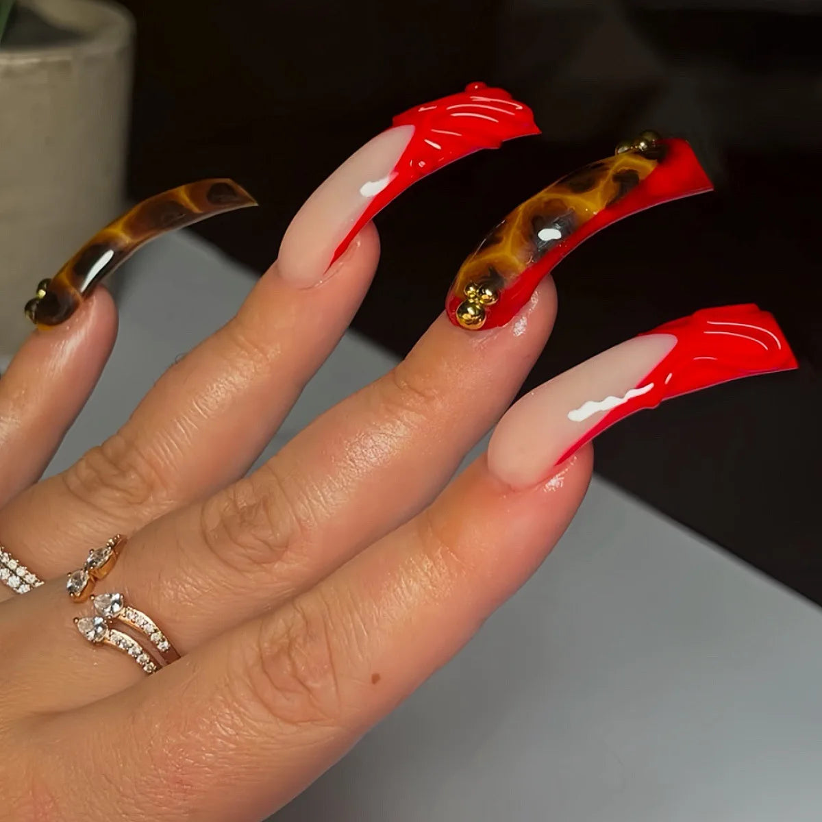 20pcs Ultra-long Curve Square Fake Nails Glitter Rhinestone Love False Nail White French Tips Press on Nails Reusable Manicure